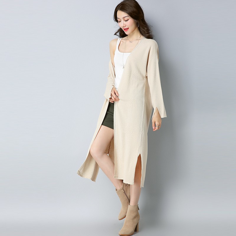 黛熙月中长款纯色长袖开衫外套女装zxy8801 米白 m