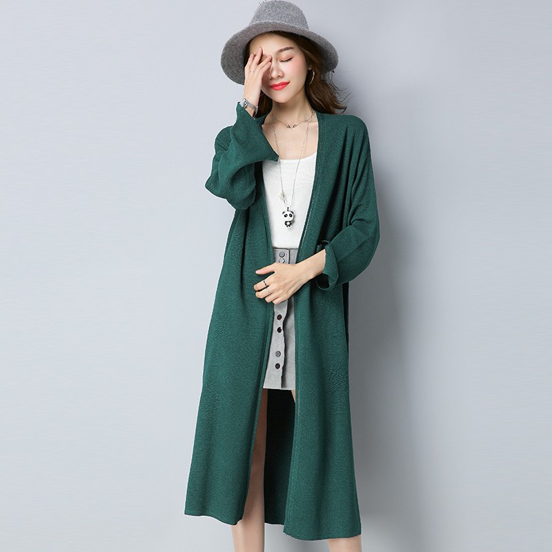 黛熙月中长款纯色长袖开衫外套女装zxy8801 绿色 m