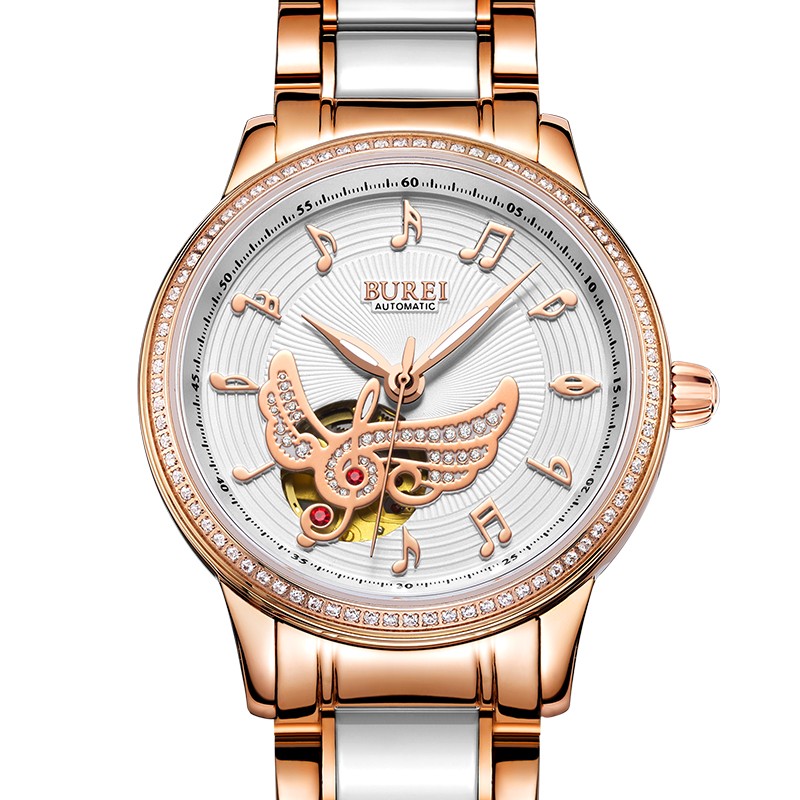 宝梭(burei) 女表 陶瓷全自动机械女士手表 玫钻白面瓷钢